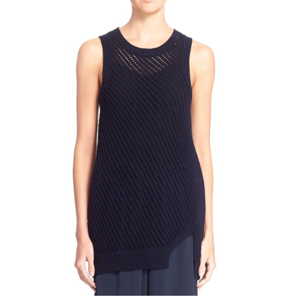 Vince Women's Mesh Crochet Knit Sleeveless Top Navy Size Small (S) Coastal